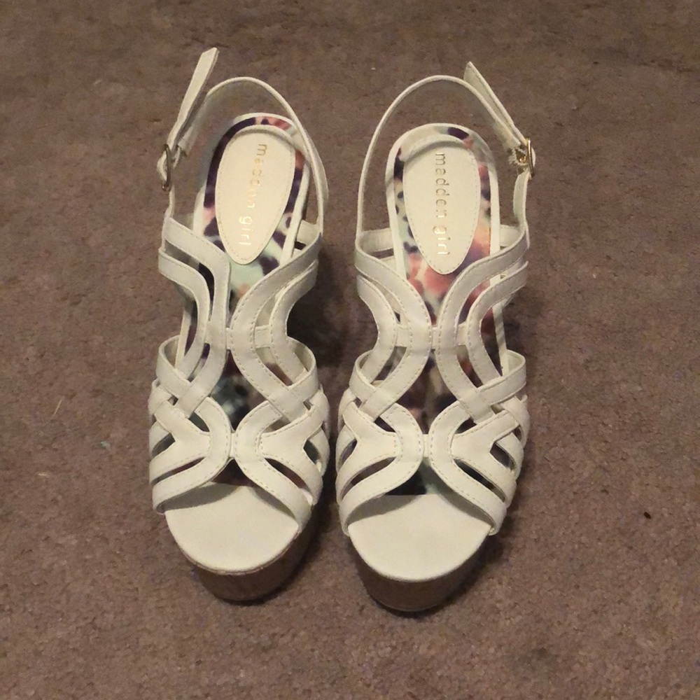 Madden girl white, strappy, wedge heel